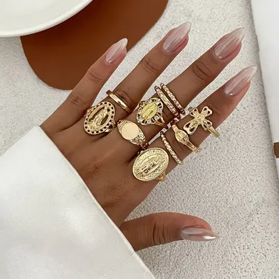 Rhinestone Crown Figure Ring Set, Retro Cross Knuckle Ring