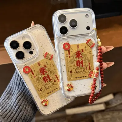 适用苹果18promax手机壳iphone17滴胶金箔来财招财16pro新款X创意