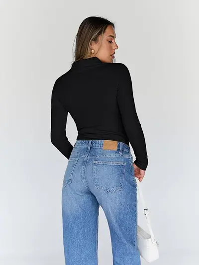 Amazon Yüksek Yaka Uzun Kollu Astarlı Kadın T-Shirt Düz Renk Slim Fit