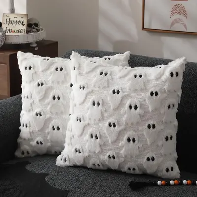 Yeni Sezon Cadılar Bayramı Küçük Canavar Yastık Kılıfı PV Polar Kumaş 3D Hayalet İşlemeli Siyah Beyaz Tatil Dekorasyonu Yer Minderi Toptan - 8