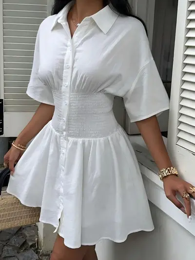 White Women's Vacation Dress, Solid Color, Waist-Cinching, Short Sleeve Shirt Dress