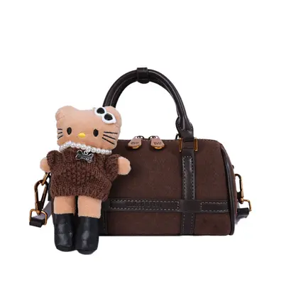 Retro Cylinder Boston Bag, Leopard Print Patchwork Shoulder Crossbody Small Bag