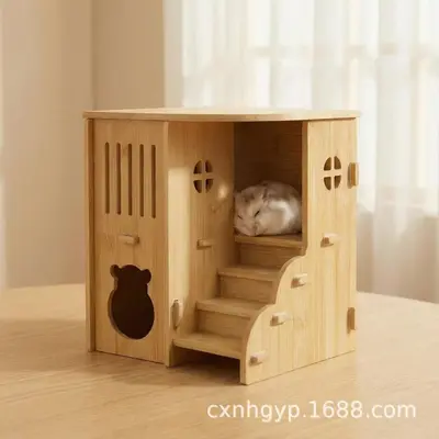 Wooden Hamster House, Multi-Level, Solid Wood Hideout - 3