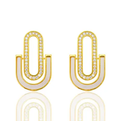 Geometric U-shaped Earrings for Women Brass Plated with 18K Real Gold Black and White Color Block Rhinestone Inlaid Architectural Style Cross-border Live Streaming Wholesale Supply