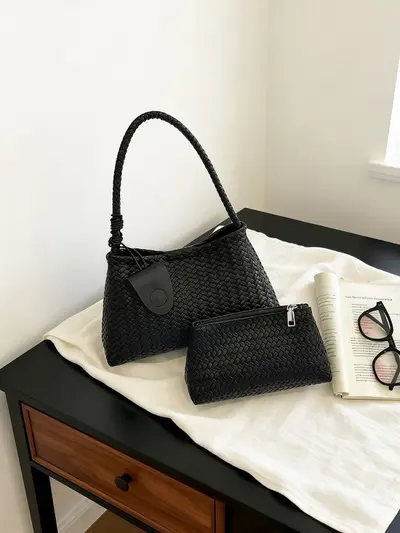Damen-Achseltasche mit Geflechtmuster, Retro-Mutter-Kind-Tasche, Pendler-Tote-Bag - 4