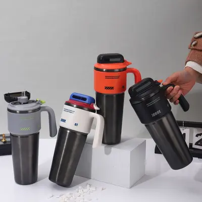 Tek Tuşla Açılan Kapaklı Paslanmaz Çelik Termos Bardak, Saplı ve Pipetli