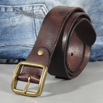 Vintage copper buckle men's belt washed denim belt genuine leather fashion pin buckle men's top grain cowhide belt authentic