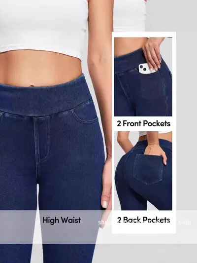 Faux Denim Look Women's Yoga Leggings Hip-Lifting 4 Pockets - 5
