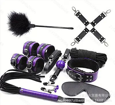 Siyah ve Mor 8 Parçalı Yetişkin Set, PU Deri Peluş Kelepçeli - 7