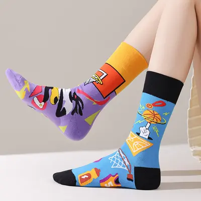 Men's and Women's Asymmetrical Cartoon Cotton Socks, Mid-Calf