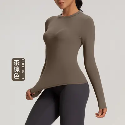 Women's Yoga Long Sleeve Top, Lightweight, High Elasticity, Round Neck - 12