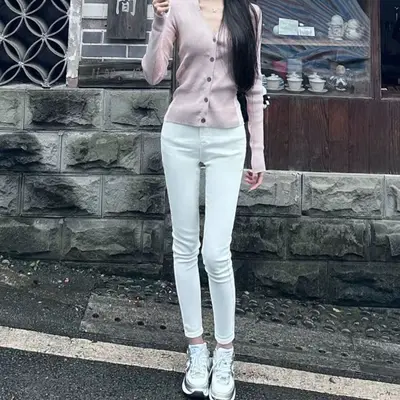 Kadın Yüksek Bel Beyaz Dar Paça Skinny Kot Pantolon, Esnek