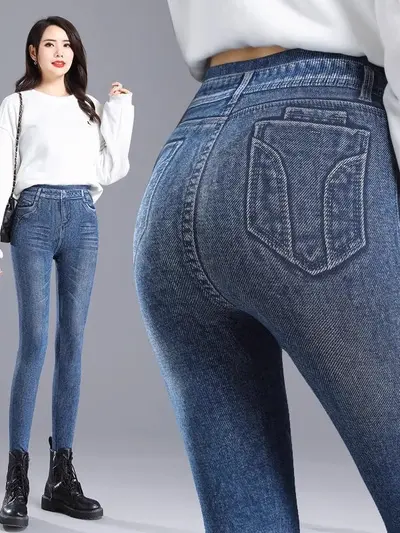 Plus Size Faux Denim Leggings for Women, Thick Fleece-Lined Autumn Winter - 7