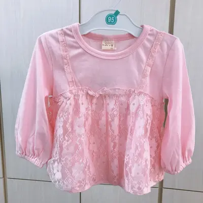 25 Spring Style Girls' Cute and Sweet Round Neck Ready-Made Solid Color Lace Insert Autumn Children's Clothing Long Sleeve T-Shirt