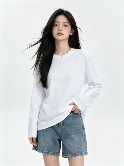 Long Sleeve Women's T-Shirt, White 100% Cotton, Round Neck, Loose Fit - 7