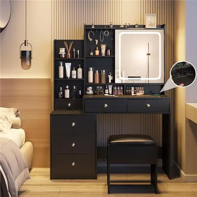 Minimalist Vanity Table with Touch Mirror, Multi-Layer Storage and Drawers - 7