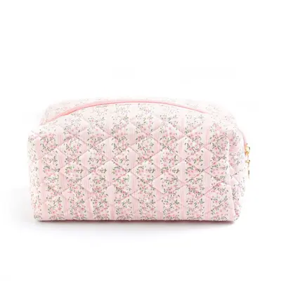 Small Floral Quilted Cosmetic Bag, Large Capacity Travel Pouch