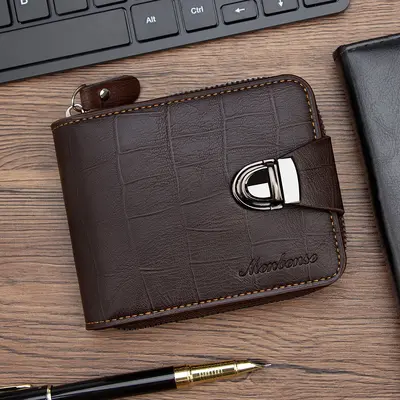 Crocodile Pattern Men's Short Wallet with Snap Closure, Tri-Fold and Chain - 6