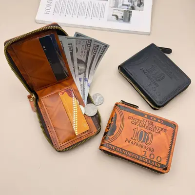 Men's Wallet with US Dollar Print, Retro Coin Compartment, Ultra-Light Short Zip - 3