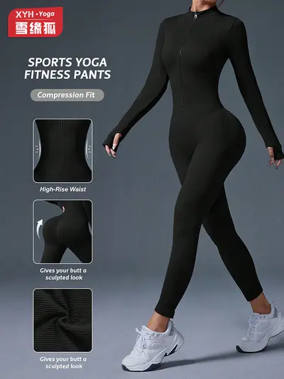 Women's Zip Long Sleeve Yoga Jumpsuit with Thumb Holes, Butt-Lifting Sports Bodysuit - 2