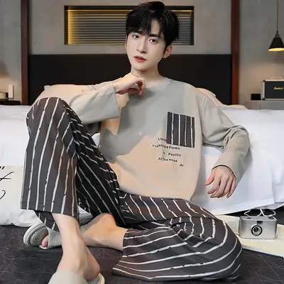 Men's Long Sleeve Pajama Set, Cartoon Print, Loose Fit - 7