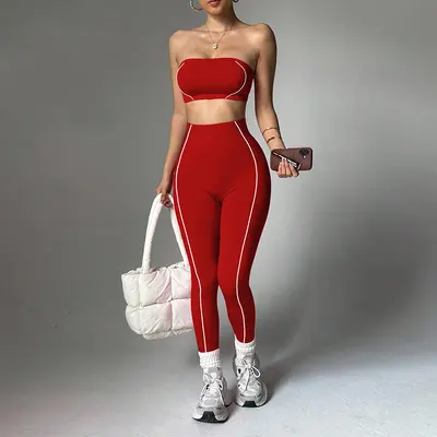 跨境TK爆款瑜伽服套装女撞色裹胸上衣蜜桃臀修身长裤健身运动服 - 11