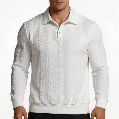 Cross-border KT Men's Lapel POLO Shirt, European and American Autumn/Winter Old Money Style Heavyweight Jacquard Loose Solid Color Casual Sweatshirt