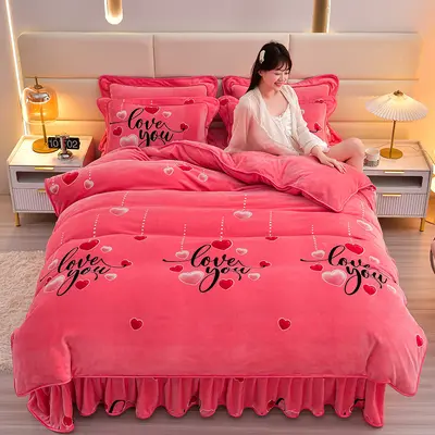 Warm Thickened Milk Fleece Four-Piece Bedding Set Winter Anti-Static Duvet Cover Bed Skirt Style Flannel Dormitory Three-Piece Set Wholesale