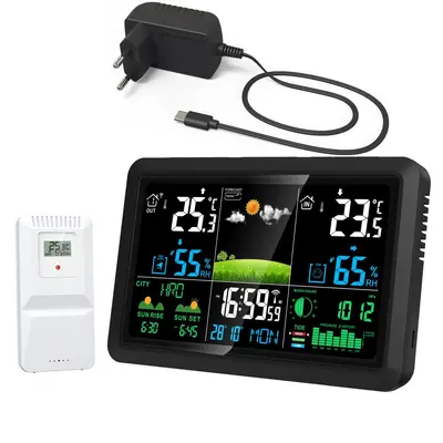 Cross-border New Large-Screen Indoor/Outdoor Temperature and Humidity Weather Forecast Clock Multifunctional Electronic Color Screen Meteorological Wall Clock Alarm Clock