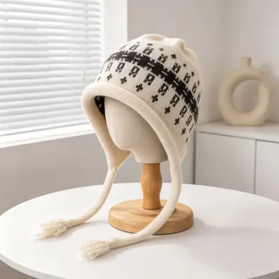 Retro Pattern Knit Hat with Tassel Tie, Warm Winter Cap - 11
