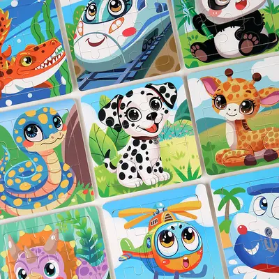 9-Piece Wooden Animal Flat Jigsaw Puzzle for Toddlers