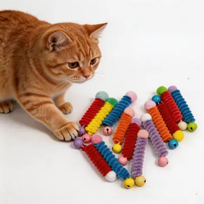 Buntes Katzenspielzeug-Set mit Federstab, Plüschbällen und Glöckchen - 5