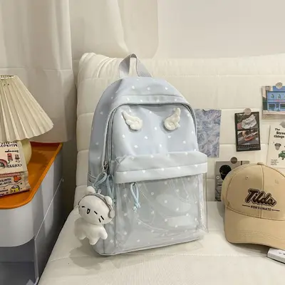 Blue Polka Dot Retro Backpack, Small Capacity, Japanese Style - 11