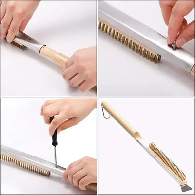 Pizza Cleaning Brush with Brass Wire and Wooden Handle for BBQ Grills - 4