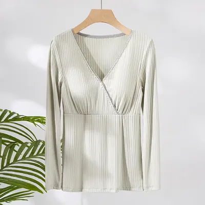 Long Sleeve Cross-Front Nursing Top, Postpartum Home Wear - 11