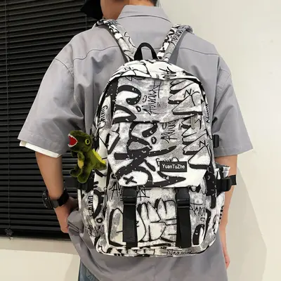 Men's Large Capacity Graffiti Backpack, Casual Daypack for College and Middle School Stude - 3