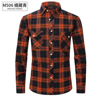 Slim fit kareli flanel erkek gömlek, uzun kollu, çift cepli, fırçalanmış kumaş - 11