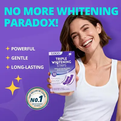 Purple-toned teeth whitening strips with triple whitening formula