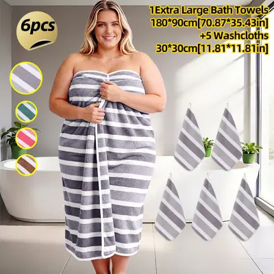 6er XXL Badetuch-Set mit breiten Streifen, 90x180 cm + 5 Handtücher