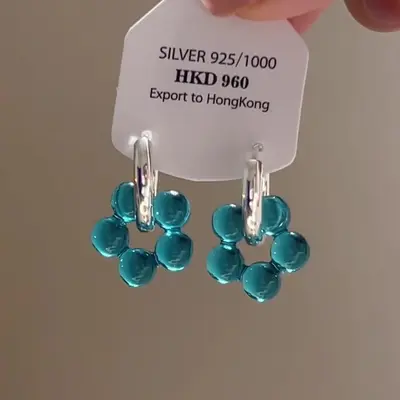 Mavi kristal çiçek küpe, kadın, Kore tarzı - 4
