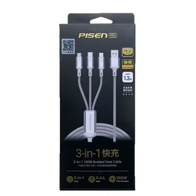 Кабель Pisen 6A 3-в-1 с быстрой зарядкой 100W, совместим с Apple