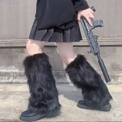 Polar Fleece-Lined Thick Mid-Calf Socks and Faux Rabbit Fur Leg Warmers