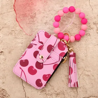 Floral PU Leather Women's Card Holder Wallet with Silicone Bead Bracelet - 7