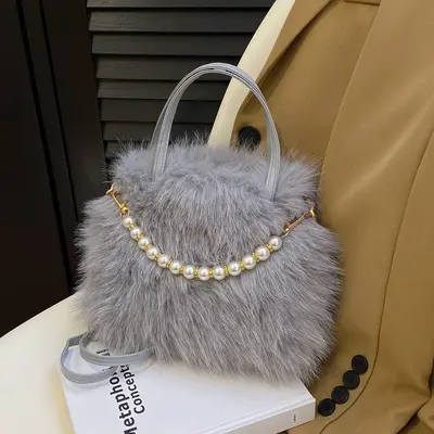 Women's Handbag, Plush and Beaded, Small Square Shoulder Bag - 4