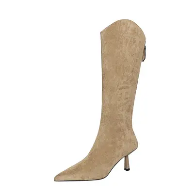 1895-8 Women's Long Boots, Thin High Heel, Pointed Toe, V-Neck Riding Boots