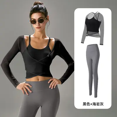 专业瑜伽服女套装长袖收腰显瘦运动健身两件套高级感普拉提带胸垫 - 11