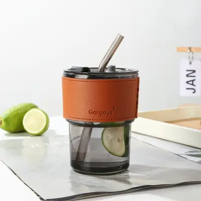 Trendy bambu pipetli kahve fincanı, mağaza promosyon hediyesi logolu baskılı cam su bardağı. - 8