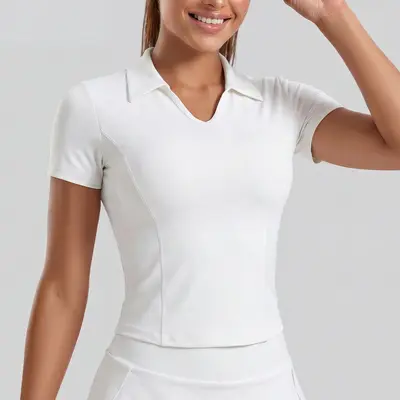 聚衣堂新款翻领运动短袖修身显瘦瑜伽服纯色T恤上衣女 - 7