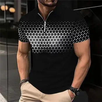 Men's 3D Gradient Print Zip Polo Shirt, Short Sleeve, Plus Size - 9