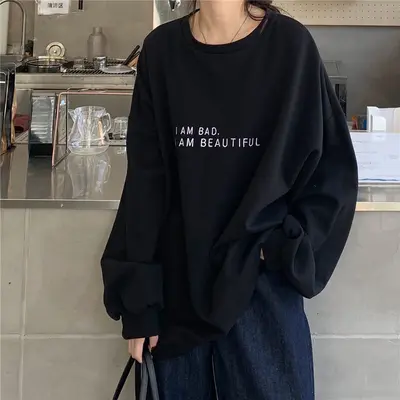 2025 neue Herbst Korea-Stil Hong-Kong-Stil einfacher Buchstabendruck Student Oversized dünner Langarm-Sweatshirt Damen Außenhandel